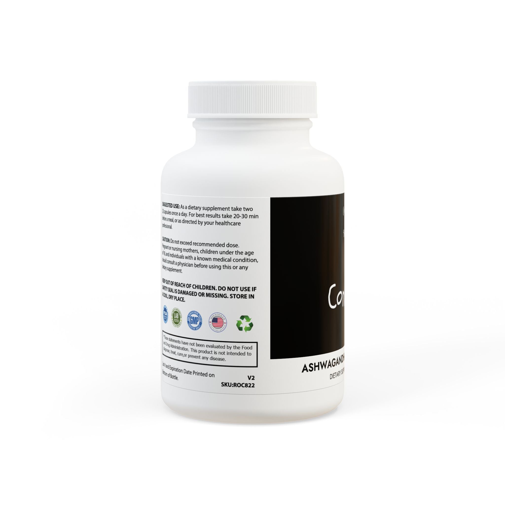 Bottle of Ashwagandha and Black Pepper supplement with 60 vegetable capsules, showcasing its vegan-friendly and non-GMO features.