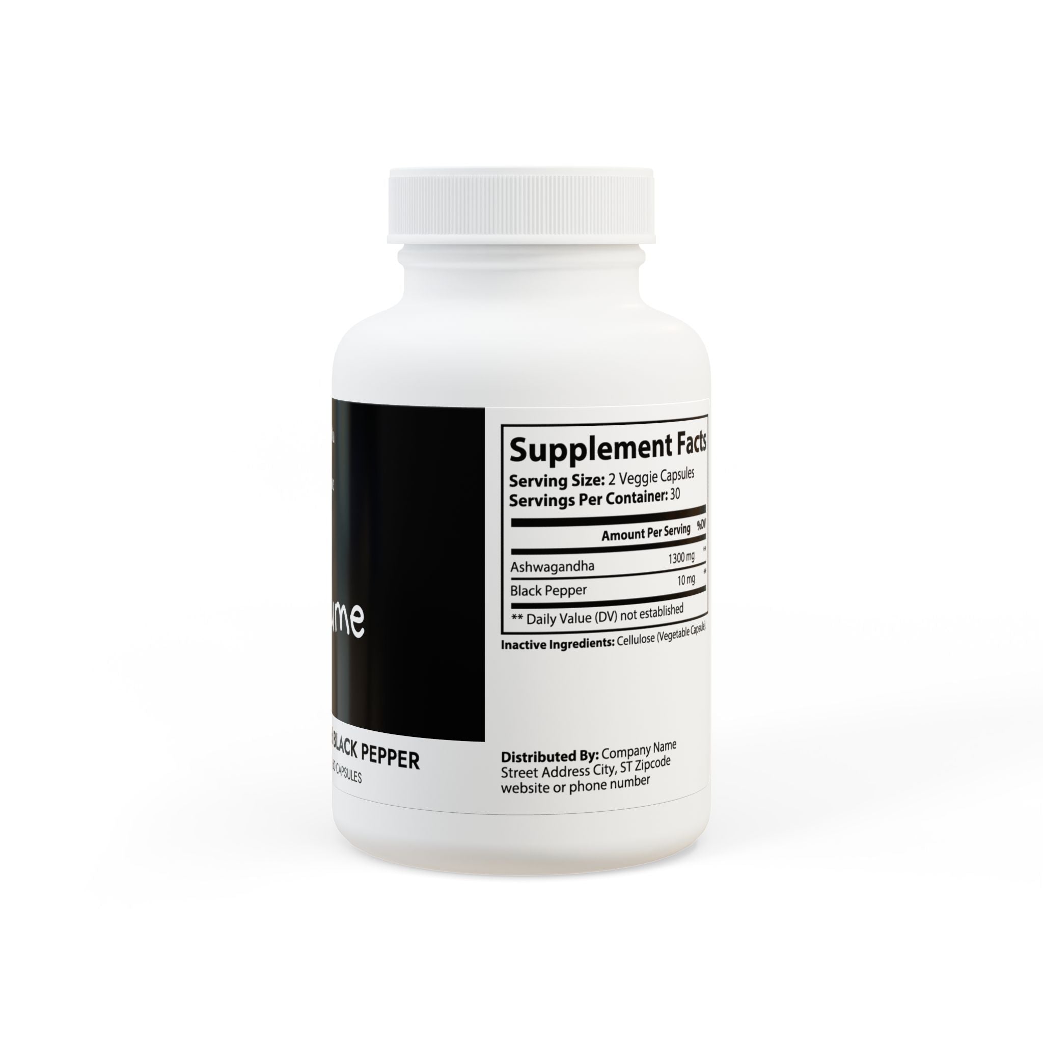 Bottle of Ashwagandha and Black Pepper supplement with 60 vegetable capsules, showcasing its vegan-friendly and non-GMO features.
