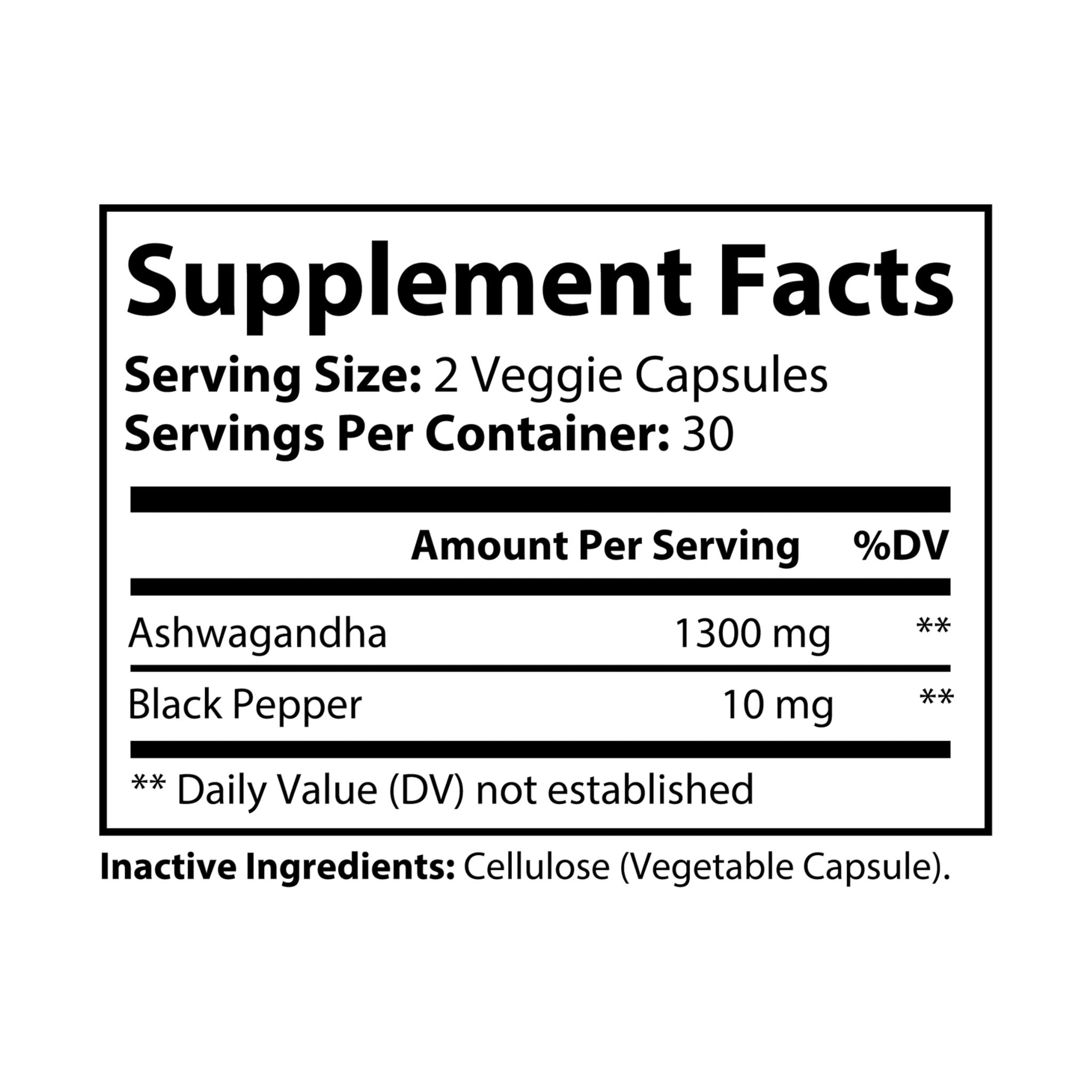 Bottle of Ashwagandha and Black Pepper supplement with 60 vegetable capsules, showcasing its vegan-friendly and non-GMO features.