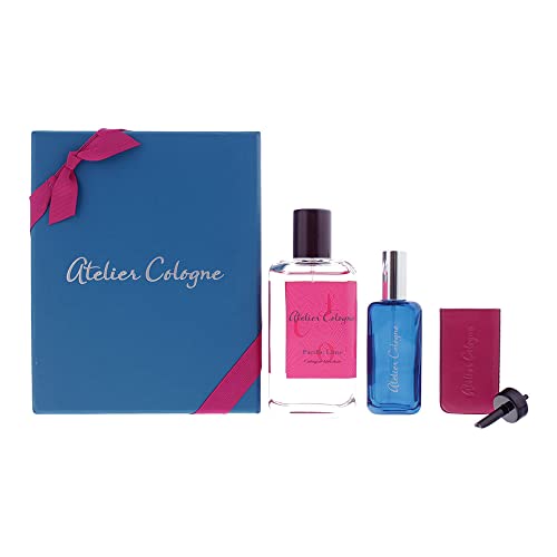 Atelier Cologne Pacific Lime Gift Set featuring 100ml Cologne Absolue, empty travel bottle, leather case, and funnel, elegantly arranged.