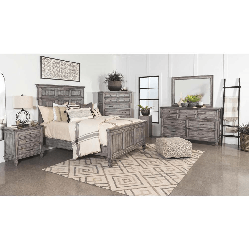 Avenue 5-piece California King Panel Bedroom Set in Grey featuring a tall headboard, elegant crown molding, and functional drawers.