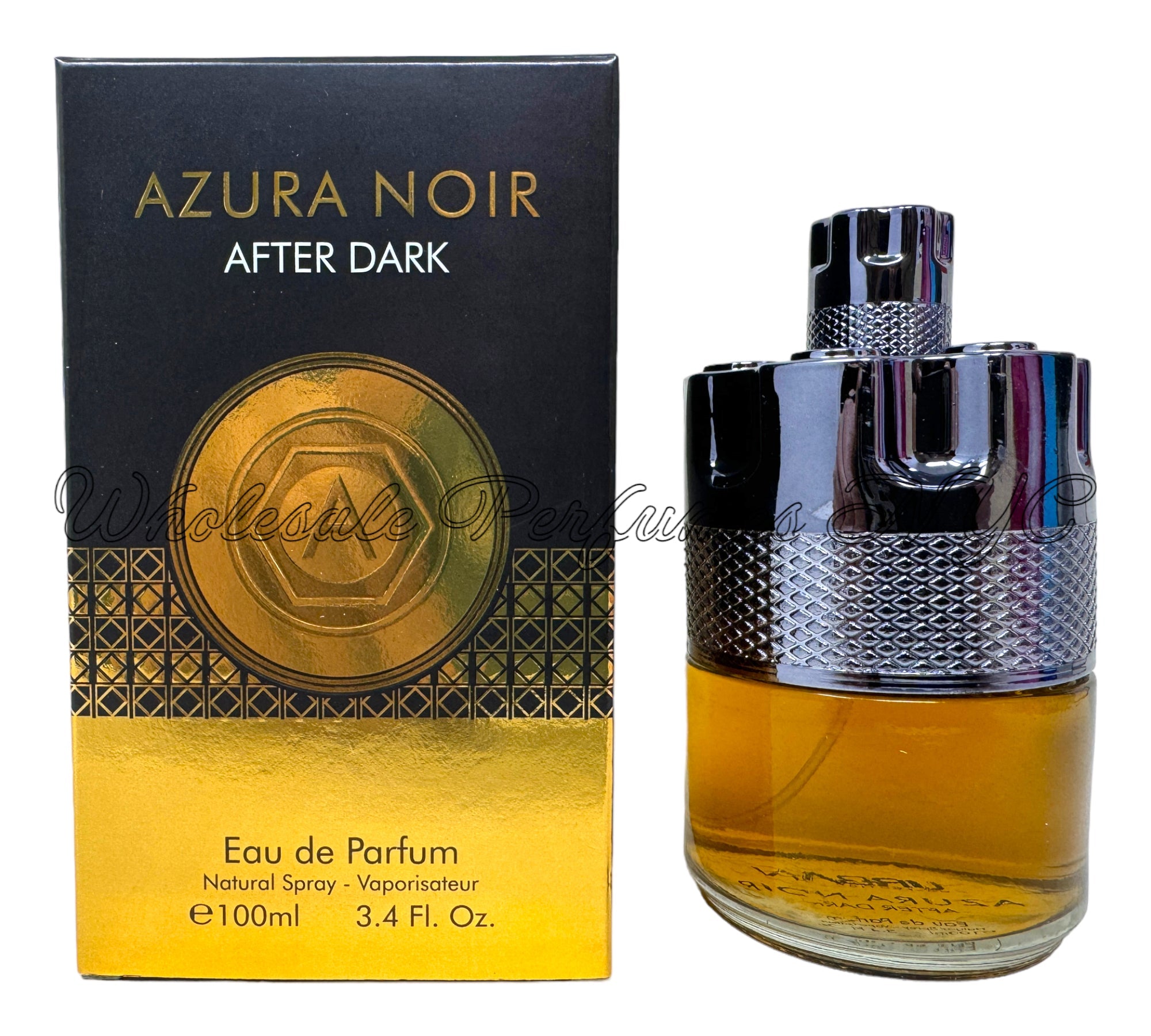 Azura Noir After Dark for Men 3.4oz Eau de Parfum Spray in an elegant dark bottle, showcasing its sophisticated design.