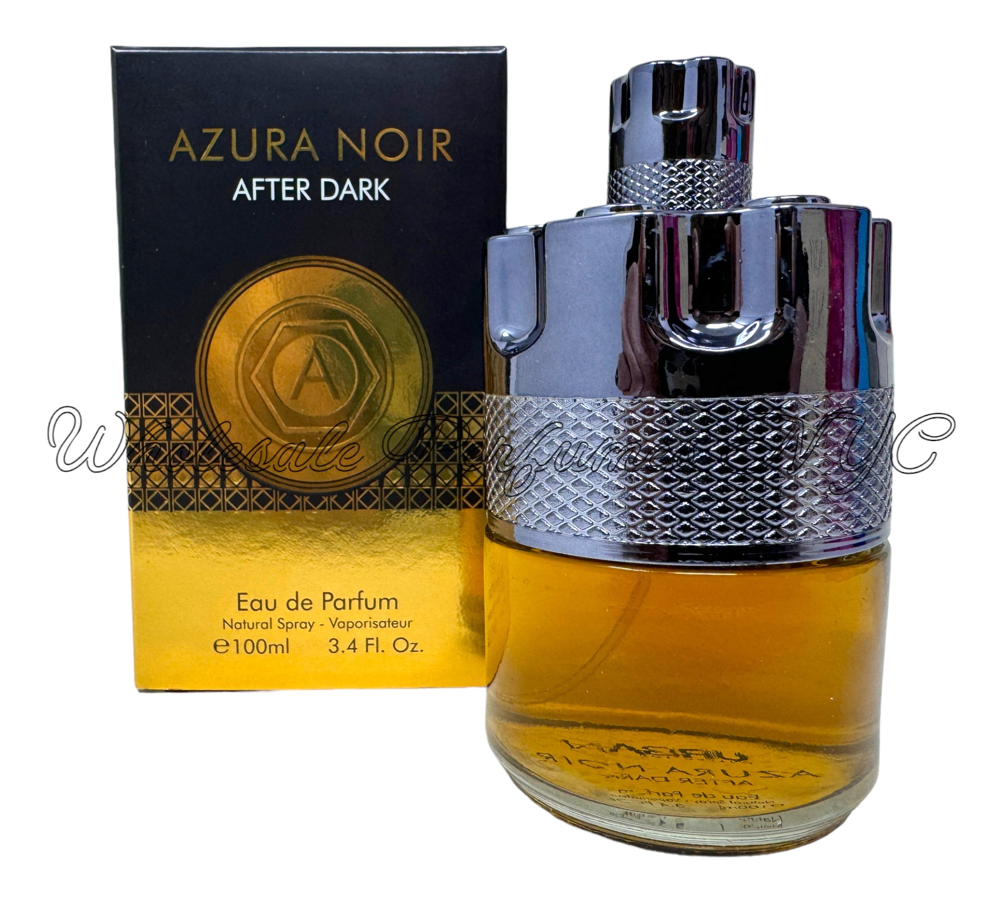 Azura Noir After Dark for Men 3.4oz Eau de Parfum Spray in an elegant dark bottle, showcasing its sophisticated design.