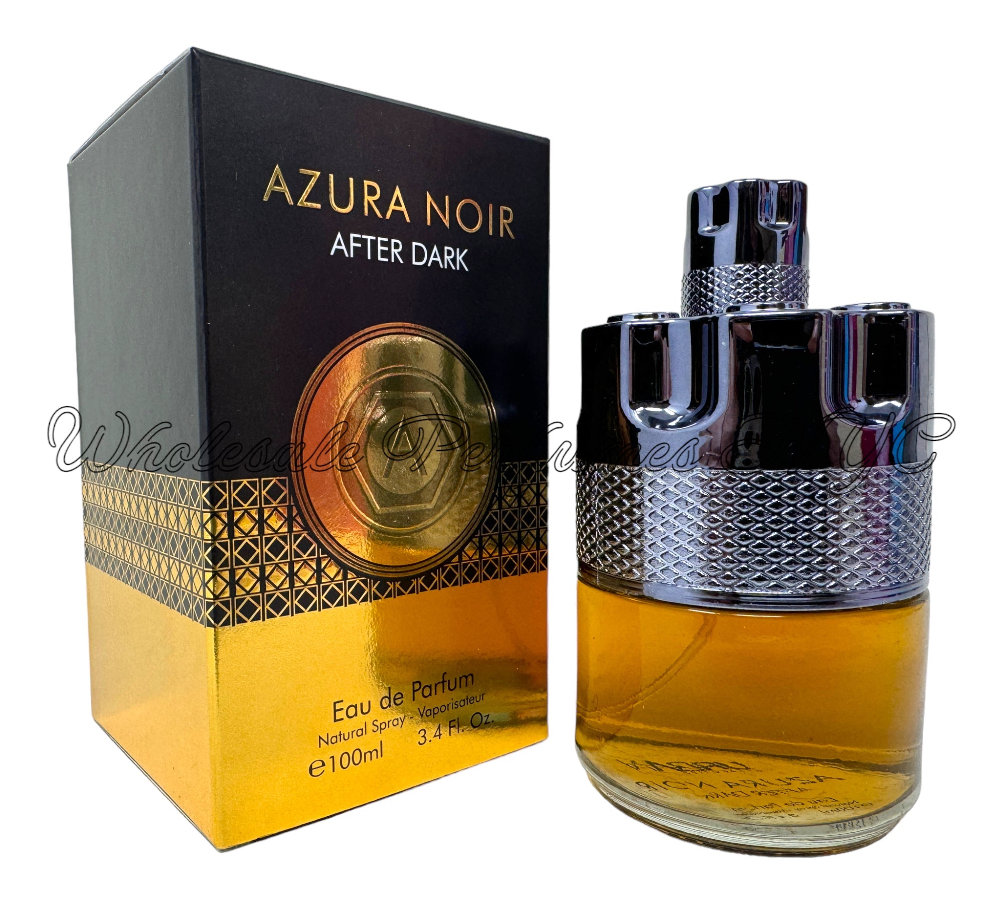 Azura Noir After Dark for Men 3.4oz Eau de Parfum Spray in an elegant dark bottle, showcasing its sophisticated design.