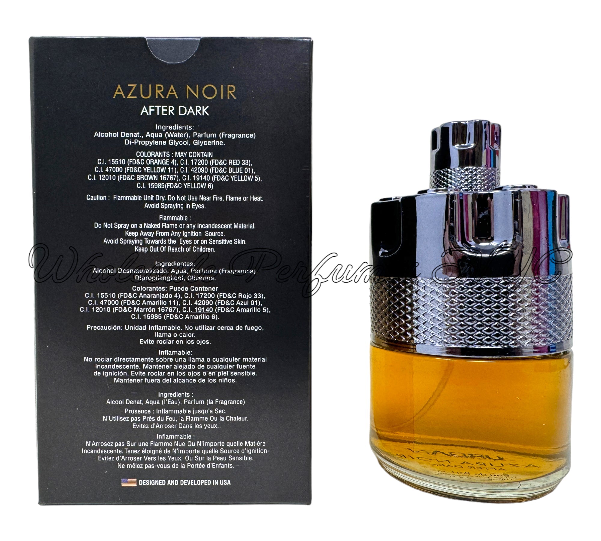 Azura Noir After Dark for Men 3.4oz Eau de Parfum Spray in an elegant dark bottle, showcasing its sophisticated design.