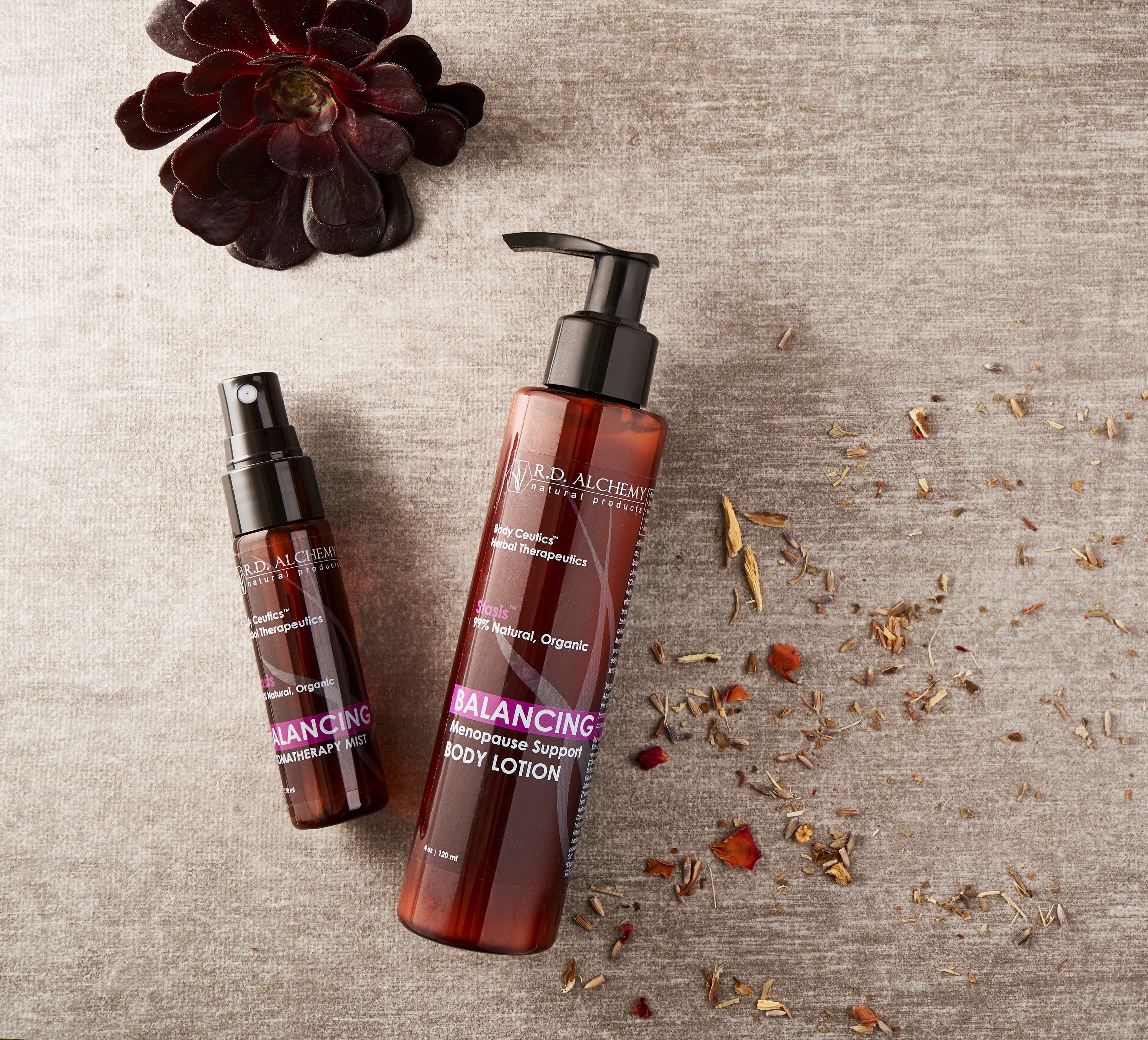 Balancing Body Care Set featuring two natural skincare products designed for PMS and menopause relief, with soothing and hydrating properties.