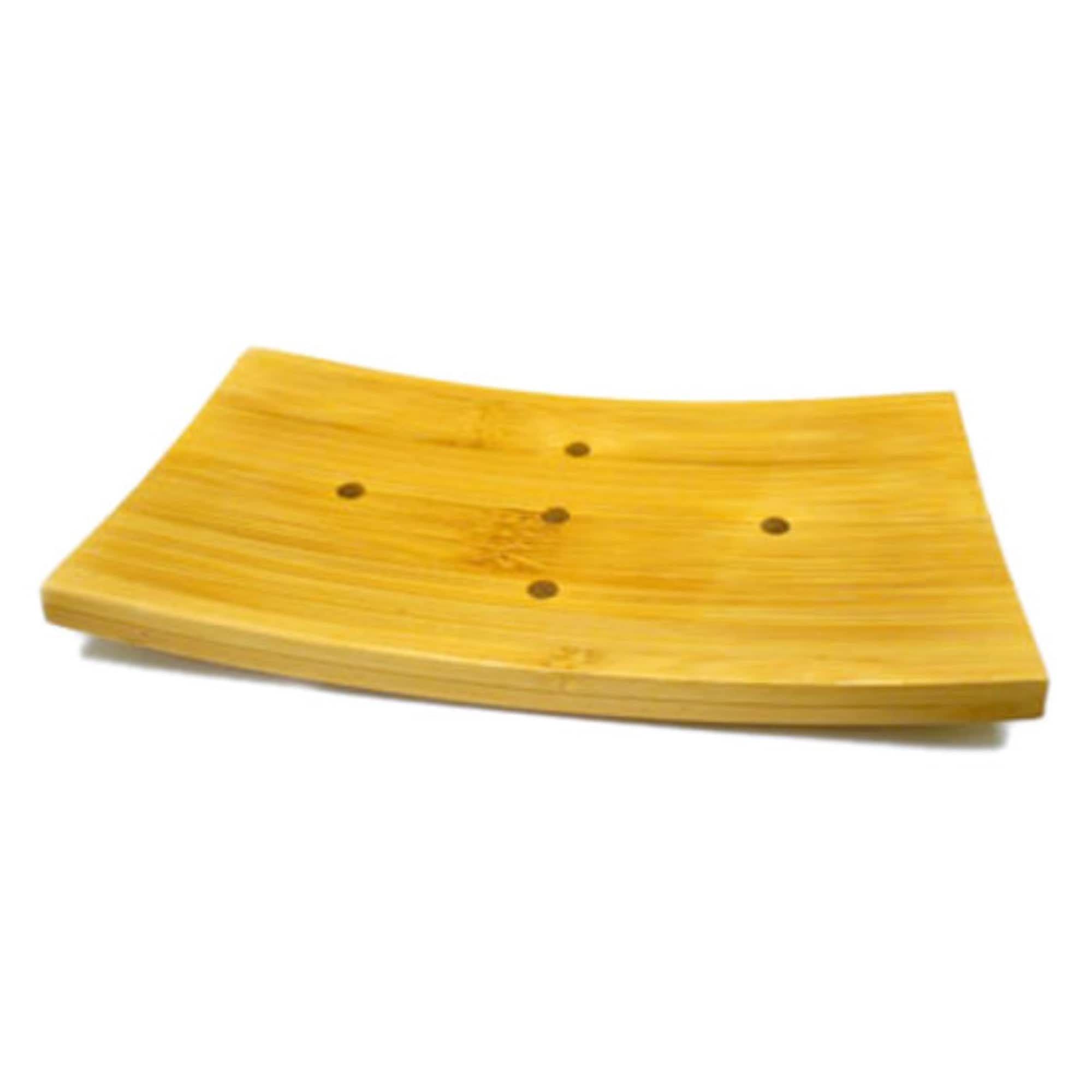 Natural bamboo soap dish measuring 7x4 inches, perfect for holding multiple soaps with a stylish design.