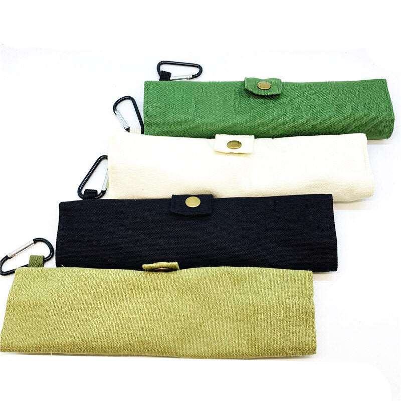 A complete set of bamboo travel utensils including a spoon, fork, knife, chopsticks, straw, and cleaning brush in a stylish pouch.