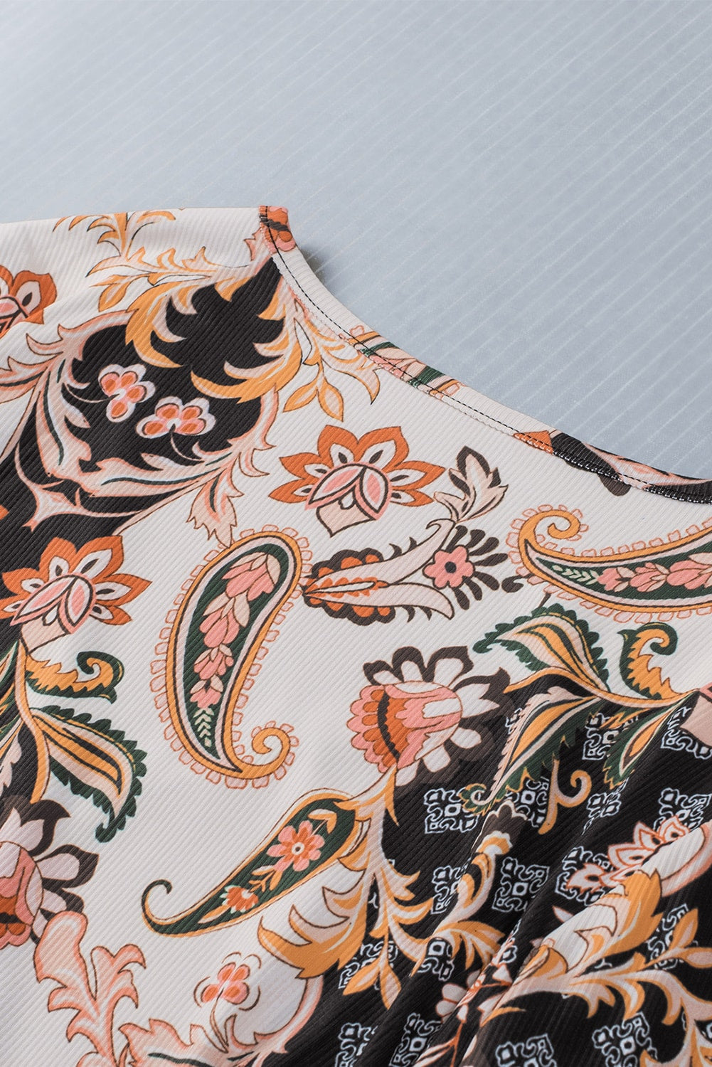 Baroque Print Wrap V Neck Long Sleeve T Shirt featuring a romantic design and slim fit silhouette, perfect for stylish outfits.