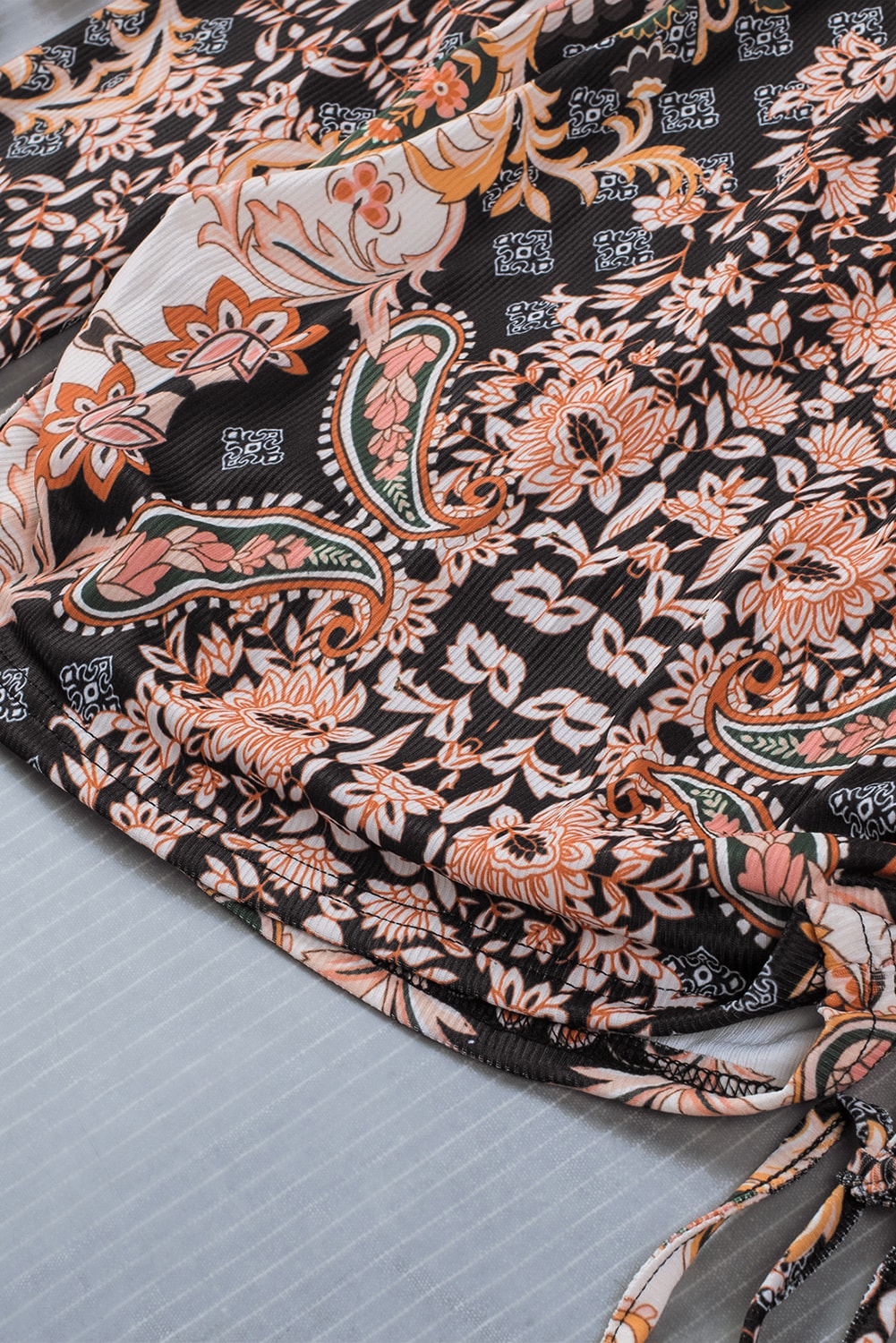 Baroque Print Wrap V Neck Long Sleeve T Shirt featuring a romantic design and slim fit silhouette, perfect for stylish outfits.