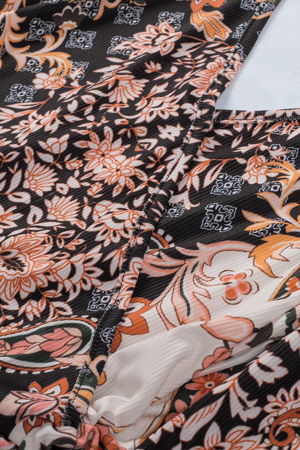 Baroque Print Wrap V Neck Long Sleeve T Shirt featuring a romantic design and slim fit silhouette, perfect for stylish outfits.