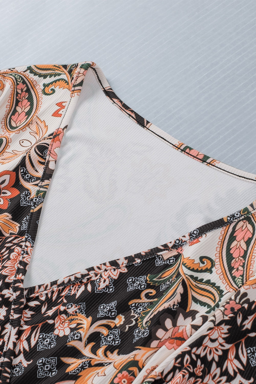 Baroque Print Wrap V Neck Long Sleeve T Shirt featuring a romantic design and slim fit silhouette, perfect for stylish outfits.