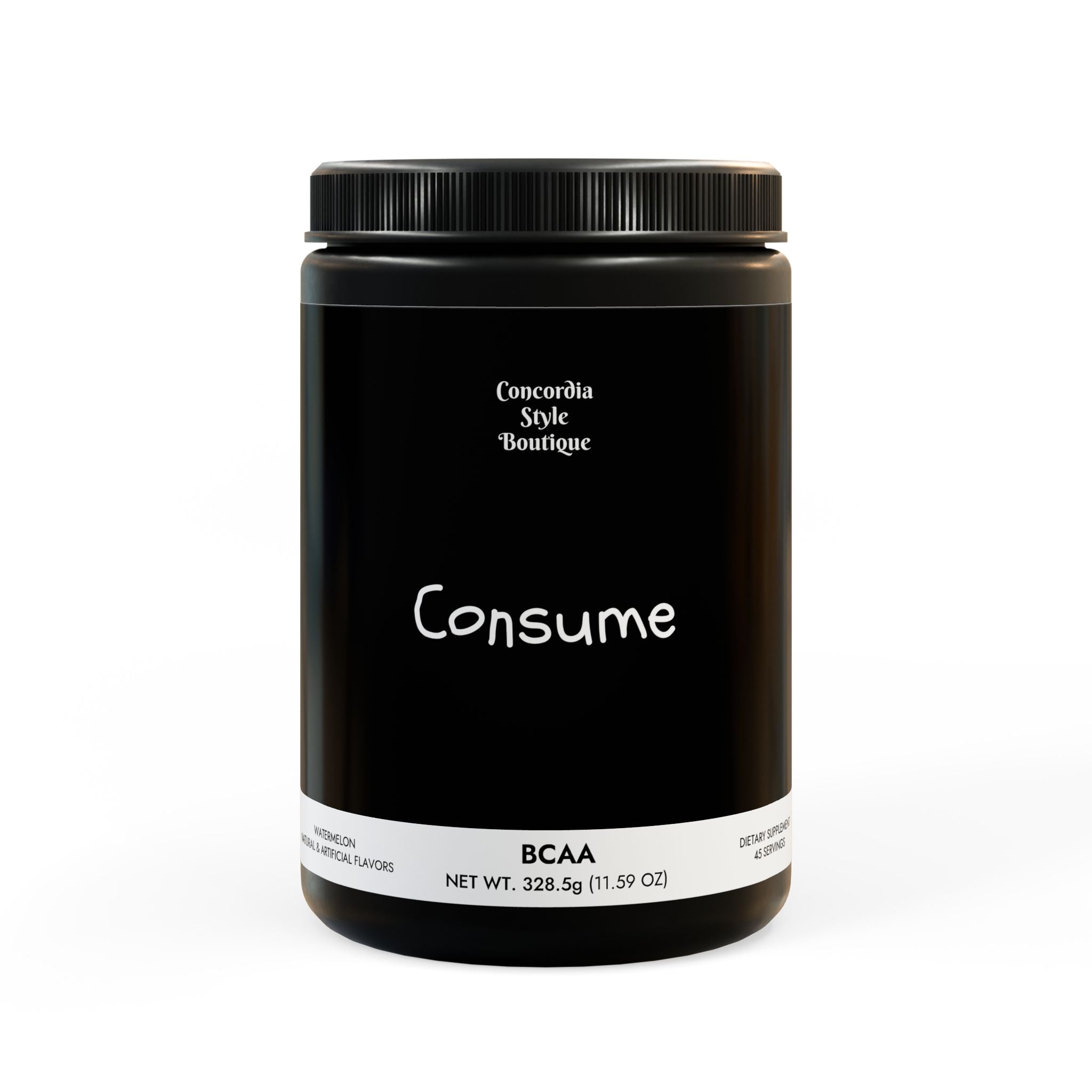 BCAA Supplement in Watermelon flavor, 325g jar with 45 servings, showcasing vibrant packaging and nutritional information.