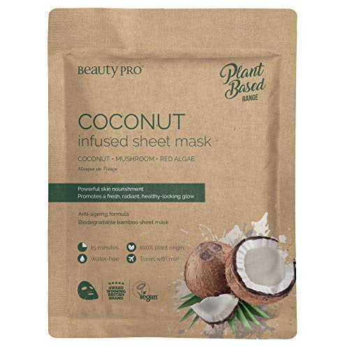 Beauty Pro Coconut Infused Sheet Mask in packaging, designed for hydration and skin nourishment.