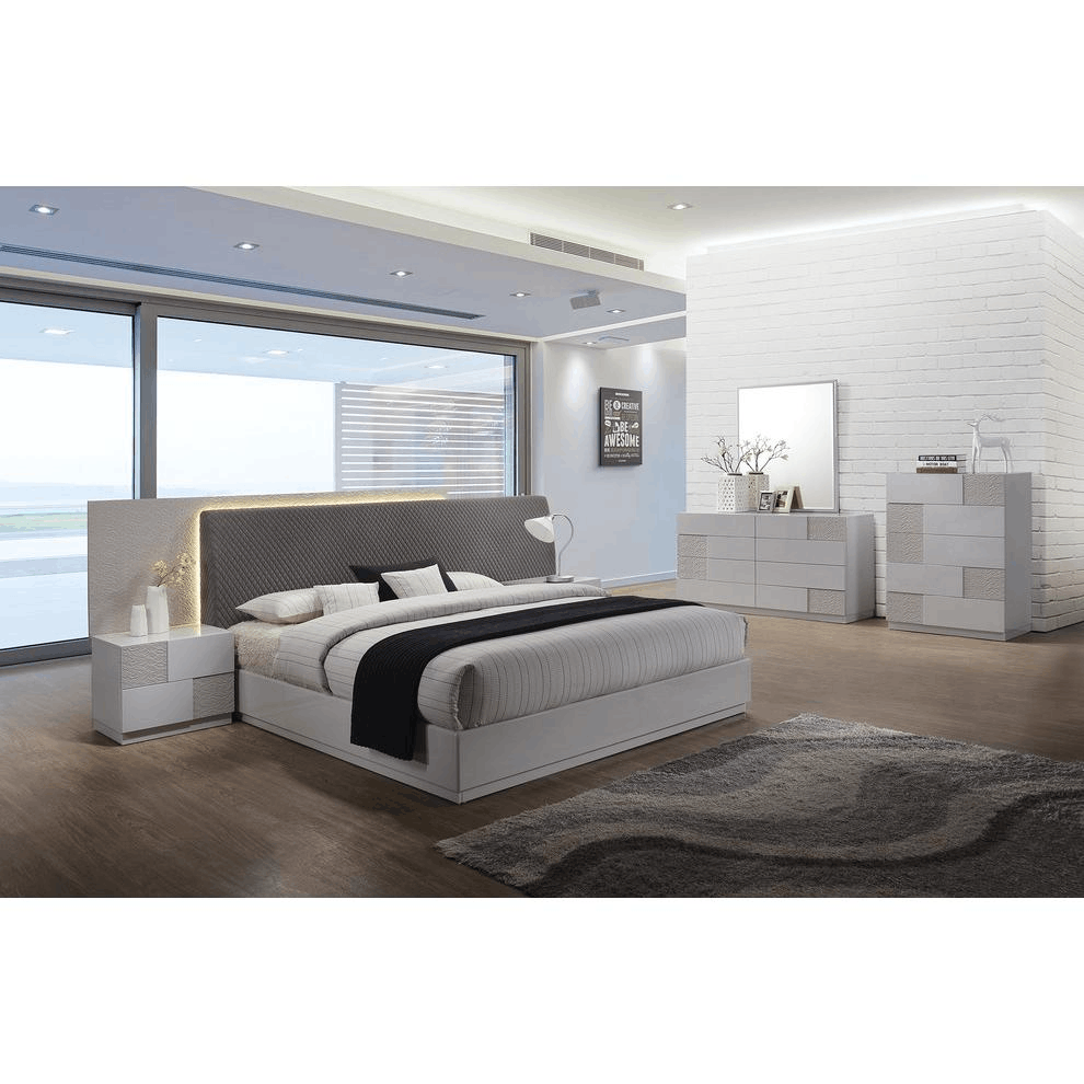 Best Master Naple Poplar Wood Queen Platform Bed in Gray with LED lighting and upholstered headboard, showcasing modern design and high gloss finish.
