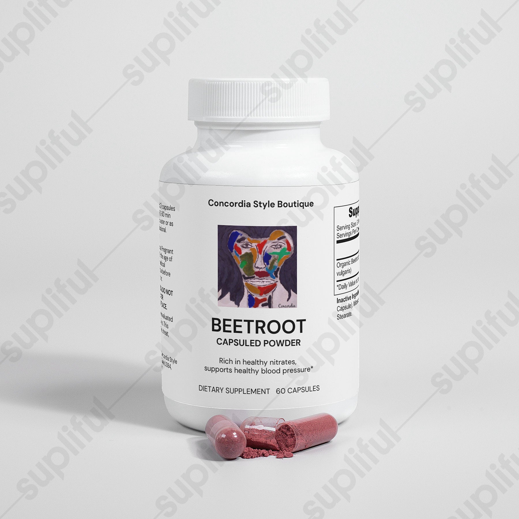 Organic beetroot capsules in a bottle, showcasing their vibrant color and health benefits.