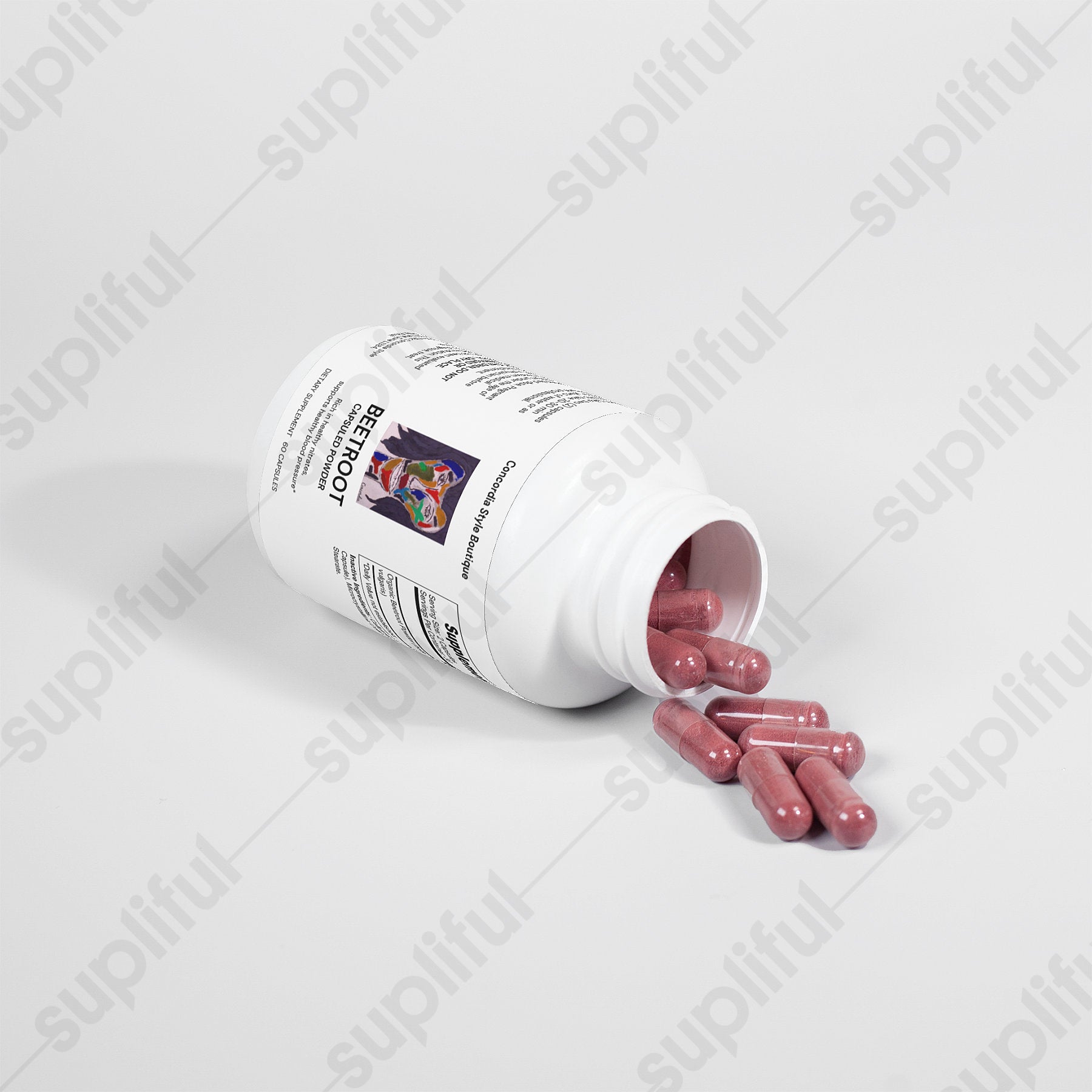 Organic beetroot capsules in a bottle, showcasing their vibrant color and health benefits.