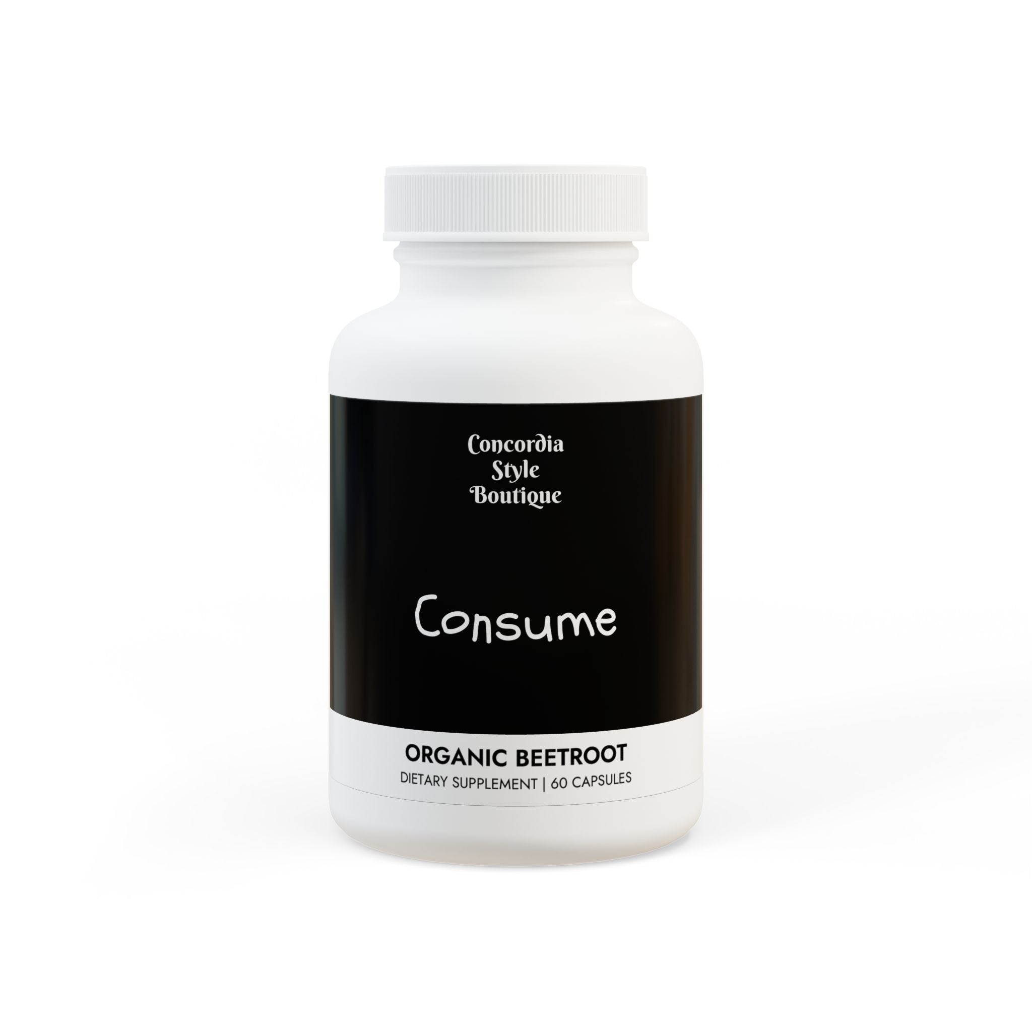 A bottle of Beetroot Supplement containing 60 vegan-friendly capsules, showcasing the product's label and design.