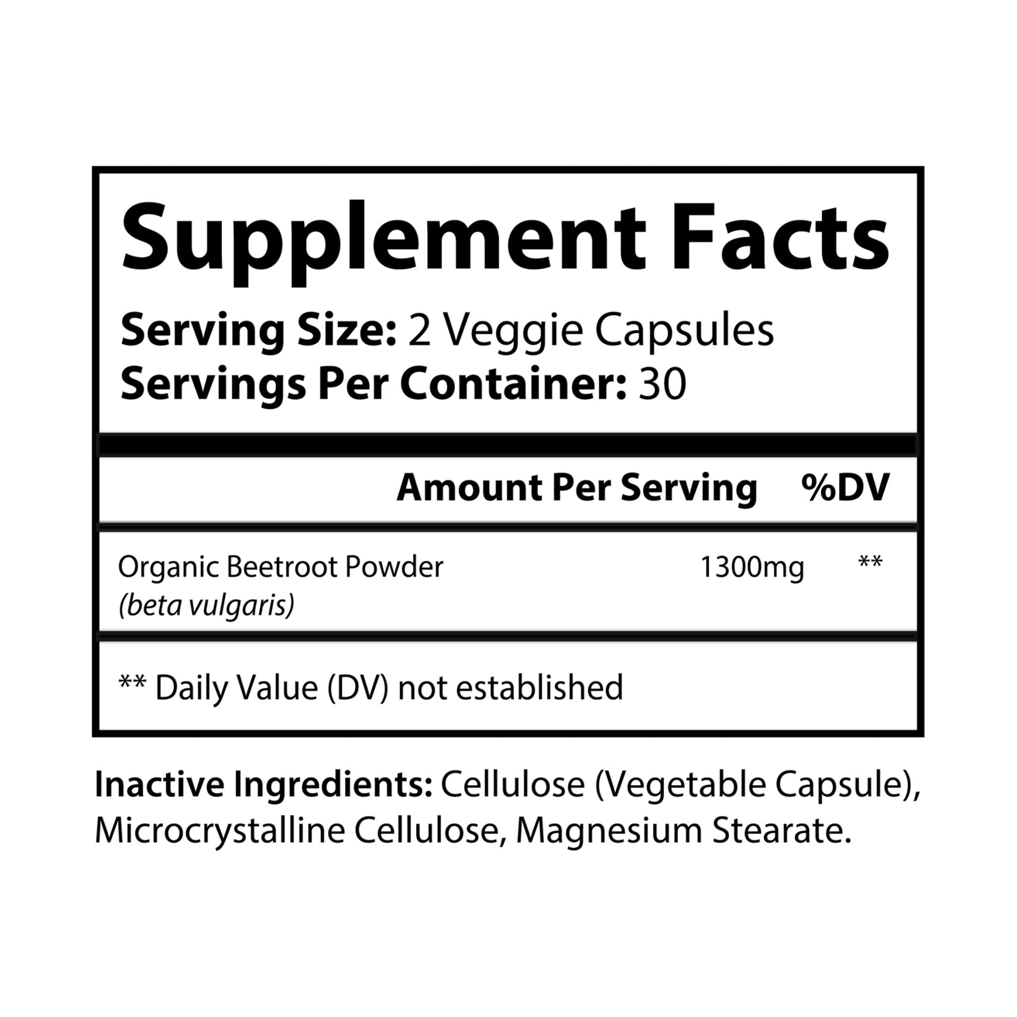 A bottle of Beetroot Supplement containing 60 vegan-friendly capsules, showcasing the product's label and design.