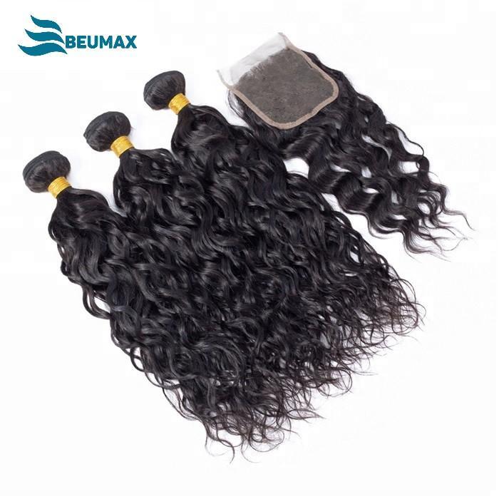BeuMax 10A Grade 3/4 Water Wave Bundles with 4x4 Closure, showcasing luxurious wavy texture and natural appearance.