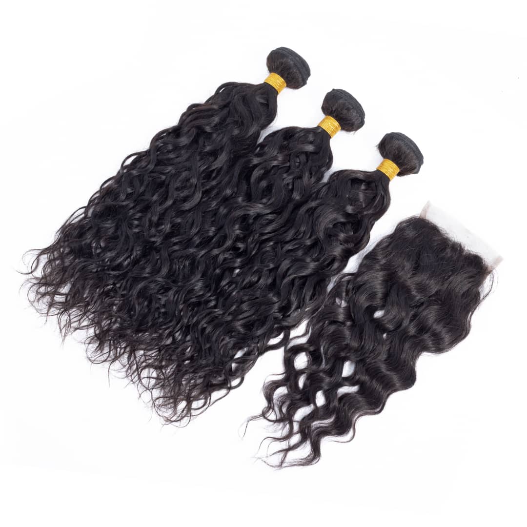 BeuMax 10A Grade 3/4 Water Wave Bundles with 4x4 Closure, showcasing luxurious wavy texture and natural appearance.