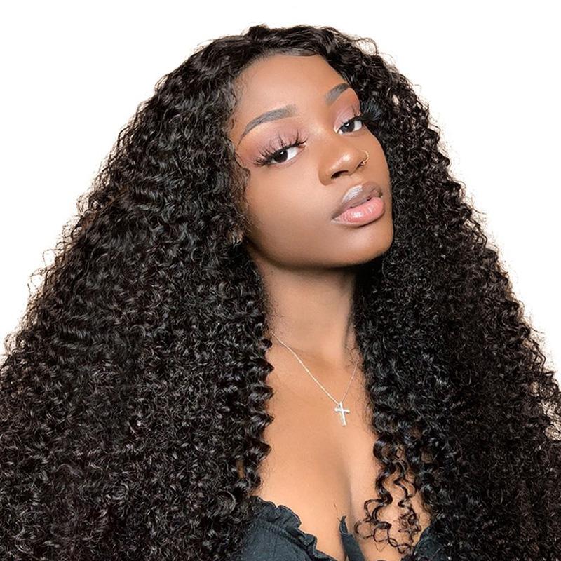 Beumax 13x6 Kinky Curly Lace Frontal Human Hair Wig in natural black, showcasing its beautiful curls and realistic lace part.