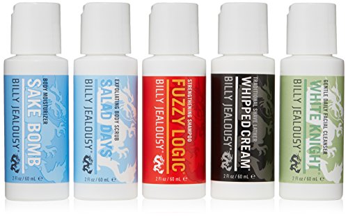 Billy Jealousy Wanderlust Travel Kit featuring five grooming products in stylish packaging, ideal for travel.