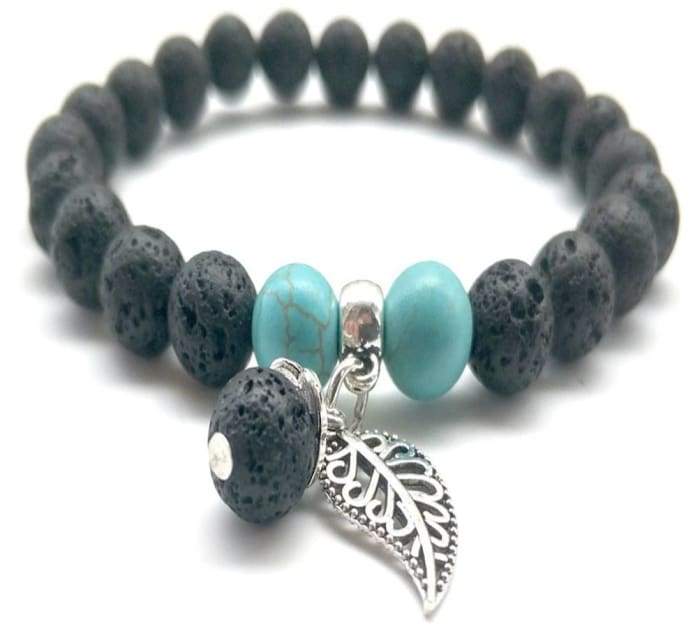 Black and turquoise feather charm lava stone bracelet with essential oil absorption features, stylish and functional for daily wear.