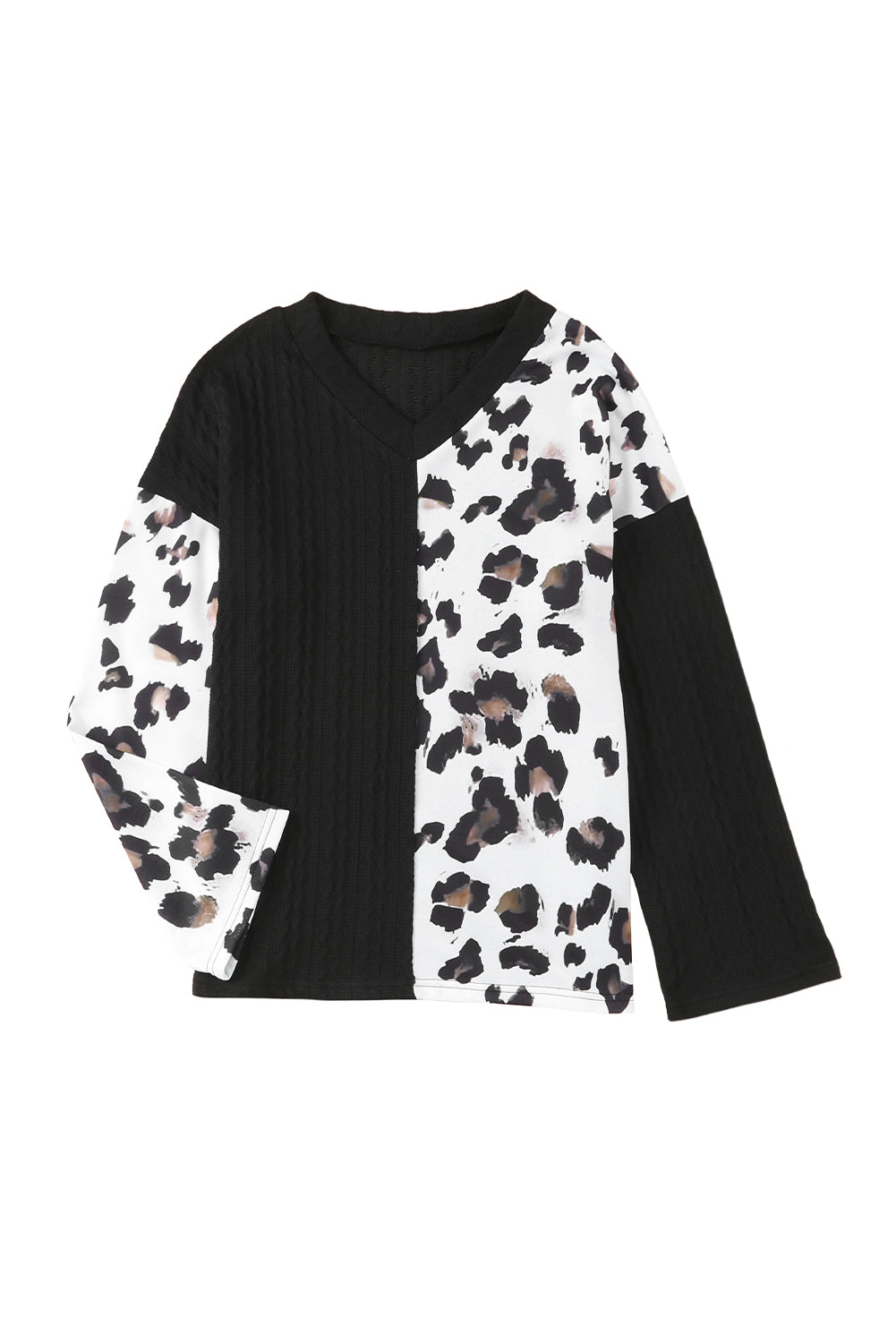 Black Asymmetric Leopard Patchwork Wide Sleeve V Neck Sweater showcasing a stylish design with leopard print splicing and wide sleeves.