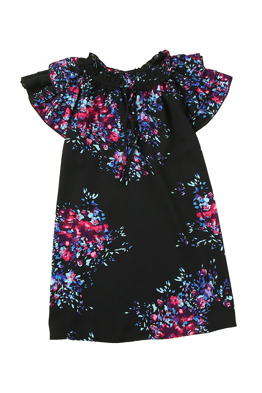 Black blouse with butterfly sleeves and split V-neck, featuring a colorful tie-dye print, perfect for stylish women.