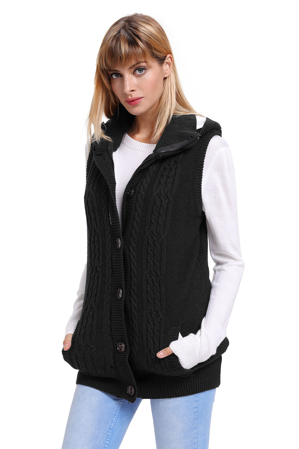 A stylish black cable knit hooded sweater vest featuring a zip front, decorative buttons, and fleece-lined hood, perfect for layering.