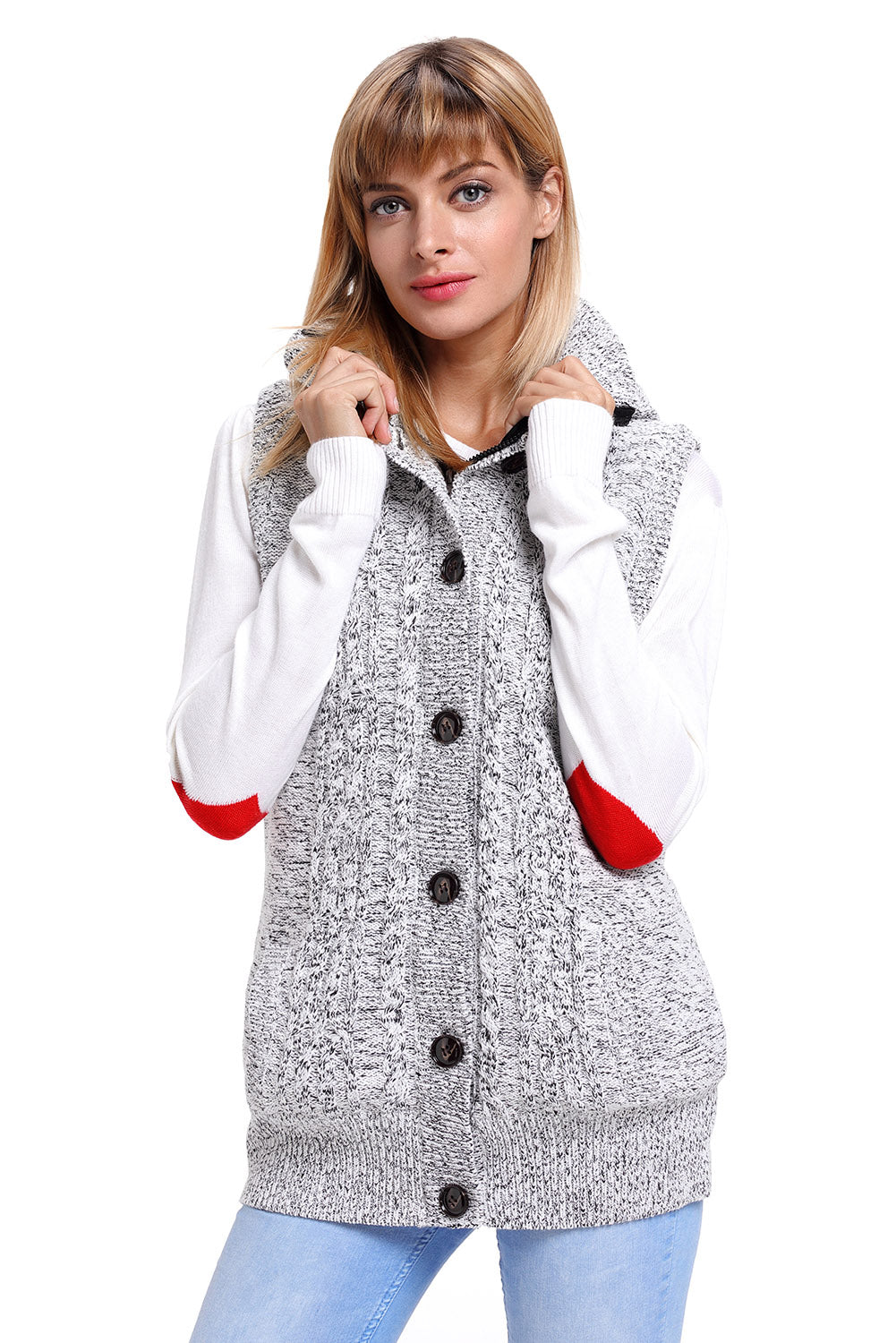 A stylish black cable knit hooded sweater vest featuring a zip front, decorative buttons, and fleece-lined hood, perfect for layering.