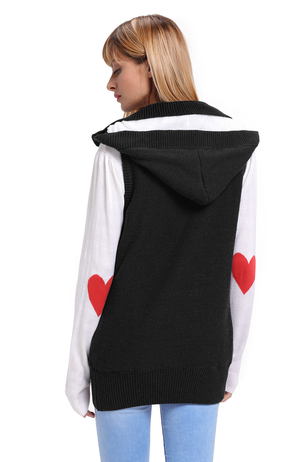 A stylish black cable knit hooded sweater vest featuring a zip front, decorative buttons, and fleece-lined hood, perfect for layering.