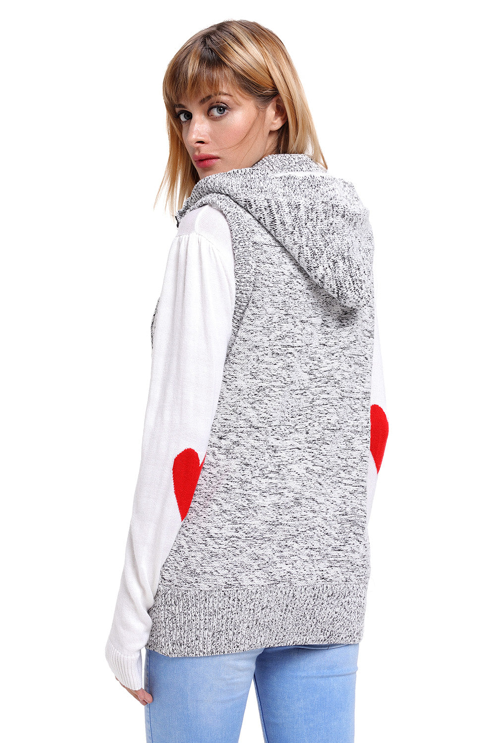 A stylish black cable knit hooded sweater vest featuring a zip front, decorative buttons, and fleece-lined hood, perfect for layering.