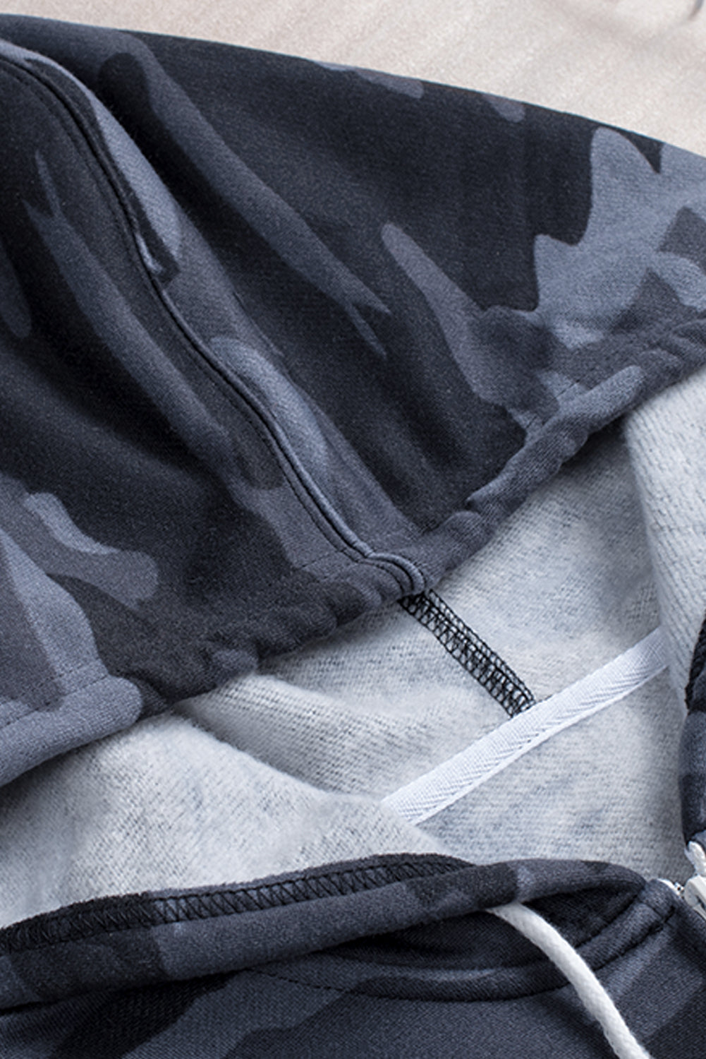 Black camo print zip-up hooded coat with pockets, showcasing a stylish design suitable for casual wear.