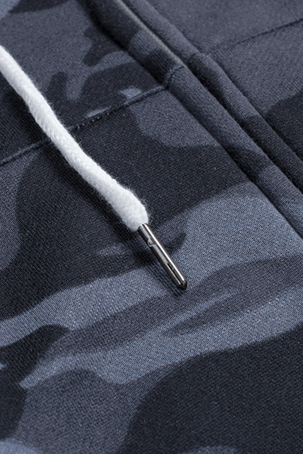 Black camo print zip-up hooded coat with pockets, showcasing a stylish design suitable for casual wear.