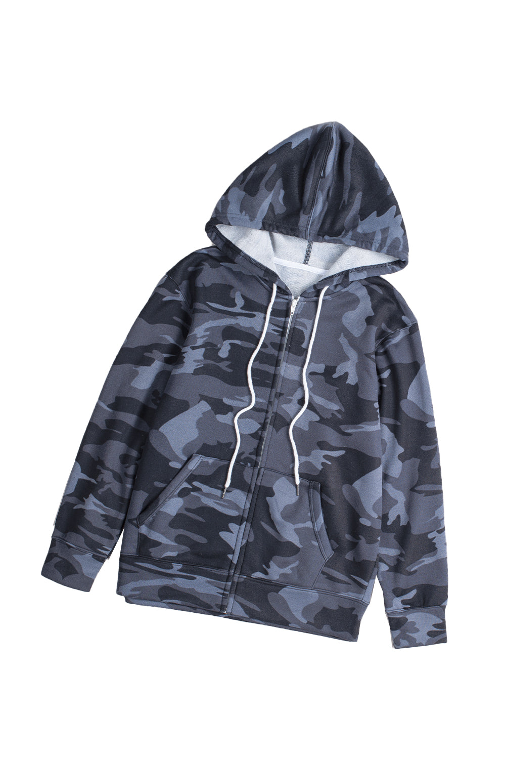 Black camo print zip-up hooded coat with pockets, showcasing a stylish design suitable for casual wear.