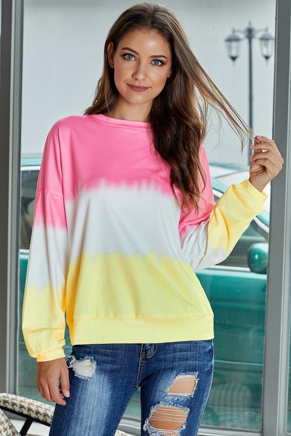 Black Color Block Tie Dye Pullover Sweatshirt with oversized fit and gathered cuffs, showcasing a unique hand-dipped tie dye pattern.