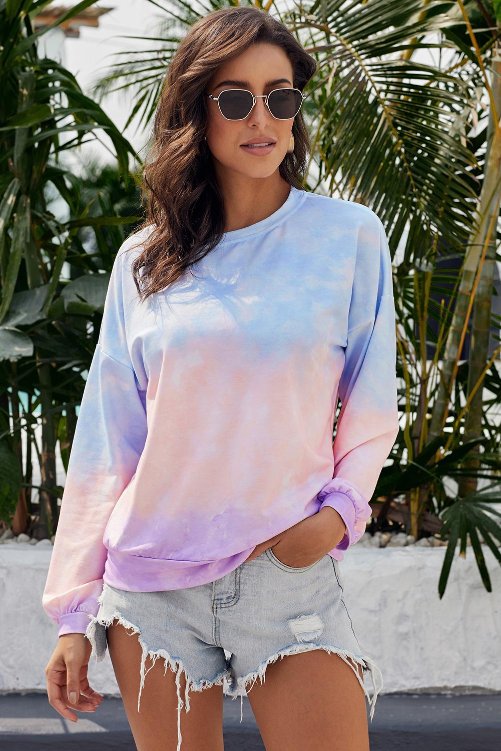 Black Color Block Tie Dye Pullover Sweatshirt with oversized fit and gathered cuffs, showcasing a unique hand-dipped tie dye pattern.