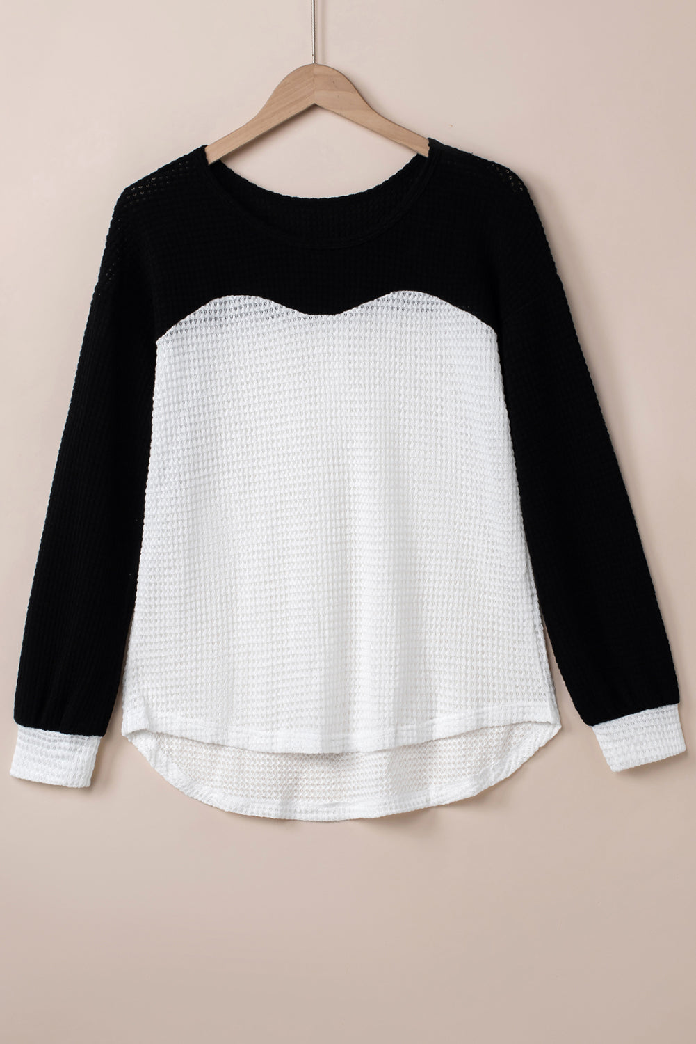 Black Contrast Color Waffle Knit Long Sleeve Top featuring a stylish colorblock design and waffle knit texture, perfect for layering.