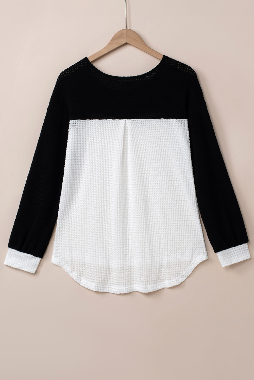 Black Contrast Color Waffle Knit Long Sleeve Top featuring a stylish colorblock design and waffle knit texture, perfect for layering.