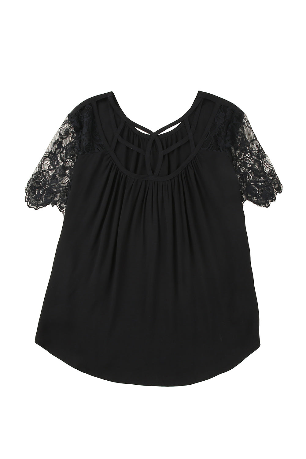 Black short sleeve top featuring cut-out design and lace patchwork, perfect for stylish casual wear.