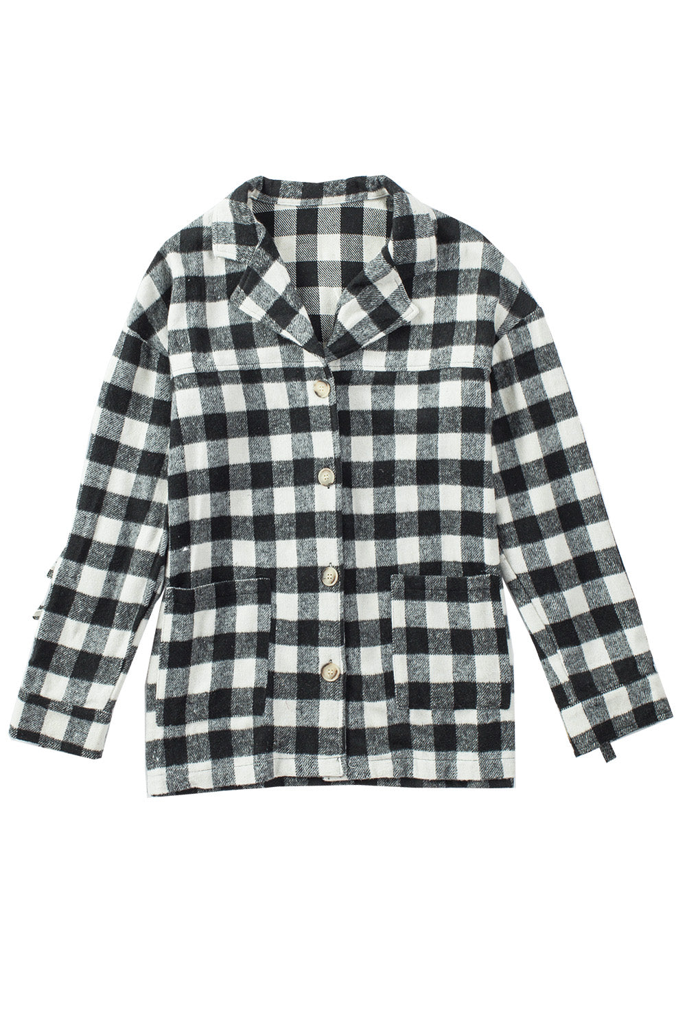 Black fringed plaid print shacket featuring a classic black and white pattern, collared neckline, and stylish fringe details on sleeves.