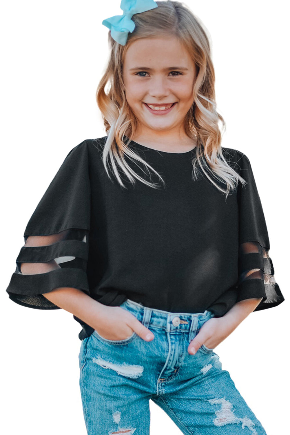 Black Girl's 3/4 Bell Sleeve Mesh Panel Blouse featuring sheer mesh panels and a stylish peek-a-boo back.