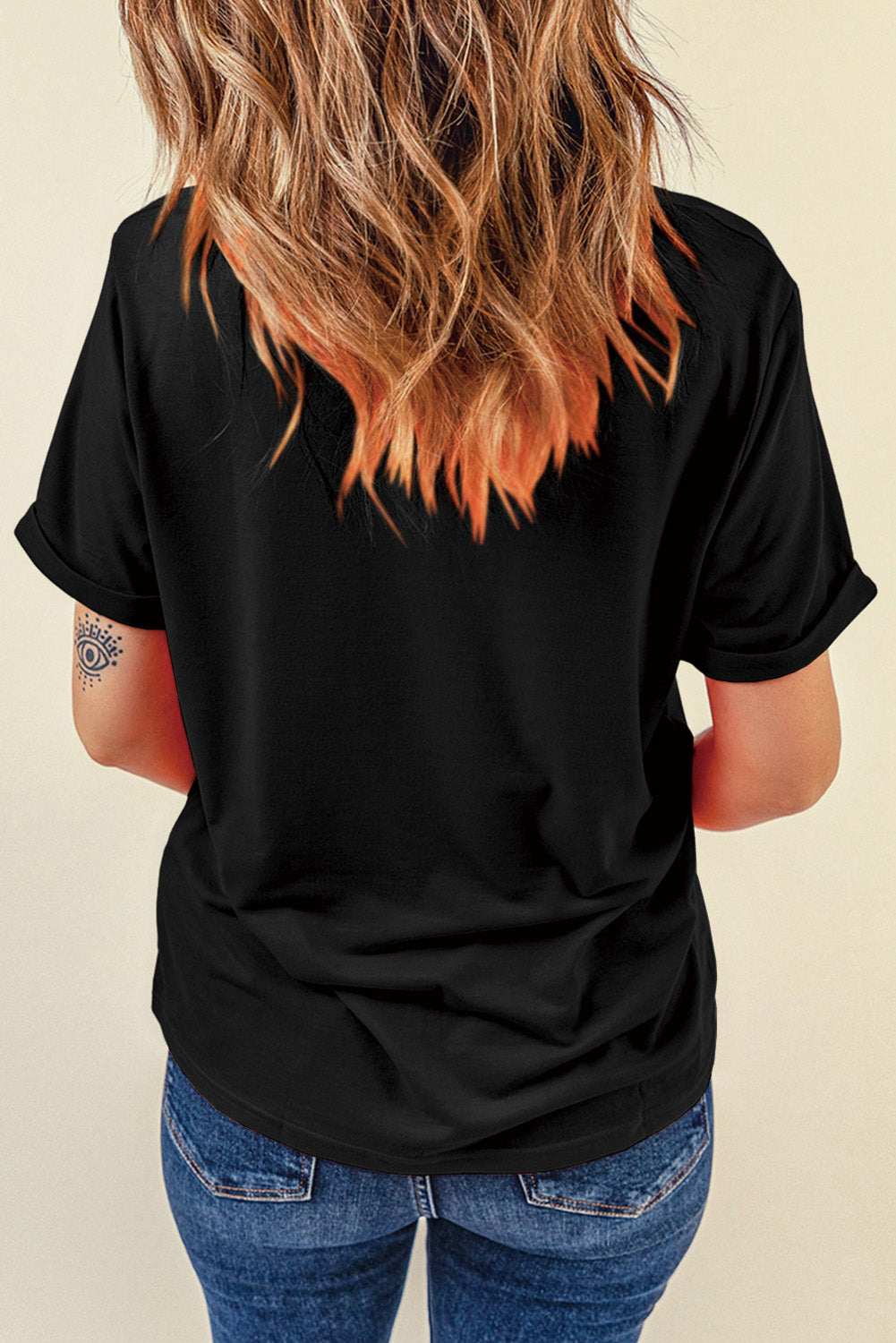 Black Glitter American Flag Round Neck Graphic T-Shirt showcasing a sparkling flag design on a black background.