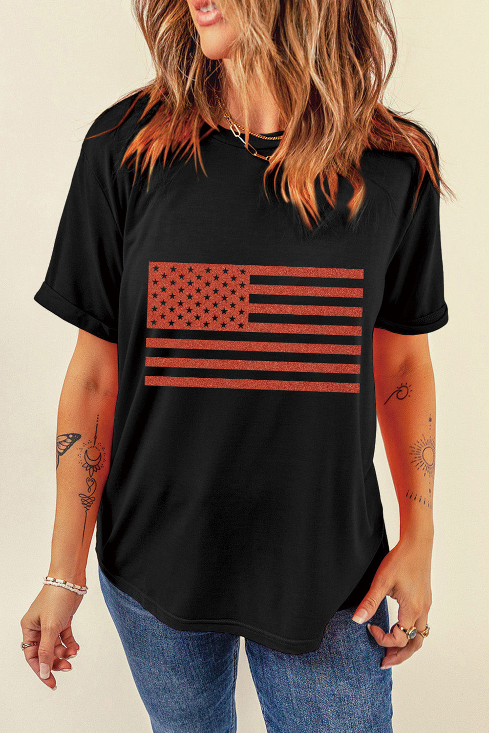 Black Glitter American Flag Round Neck Graphic T-Shirt showcasing a sparkling flag design on a black background.