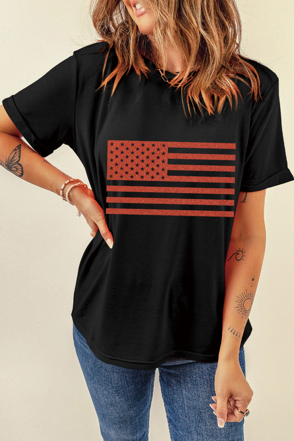 Black Glitter American Flag Round Neck Graphic T-Shirt showcasing a sparkling flag design on a black background.