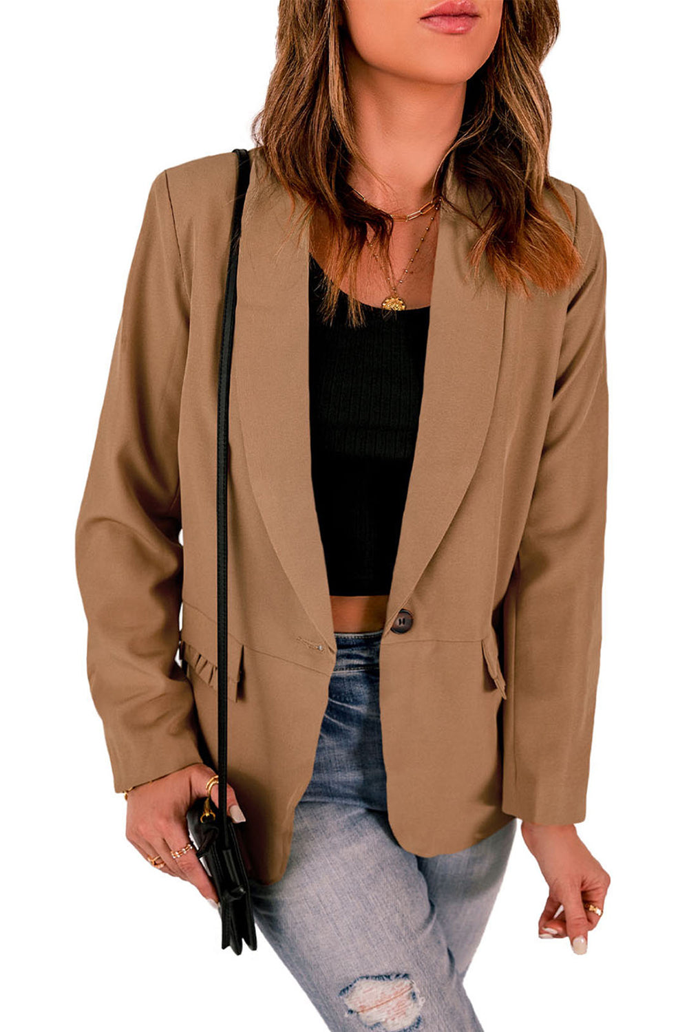 Black lapel collar blazer with button closure and pockets, showcasing a stylish and elegant design.