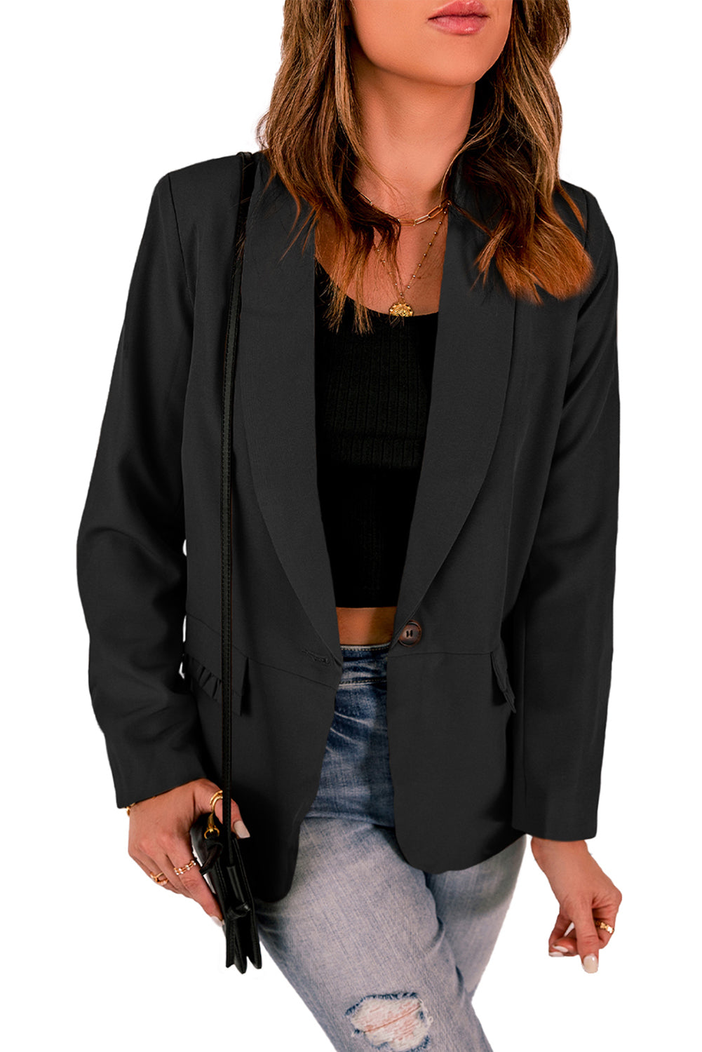 Black lapel collar blazer with button closure and pockets, showcasing a stylish and elegant design.