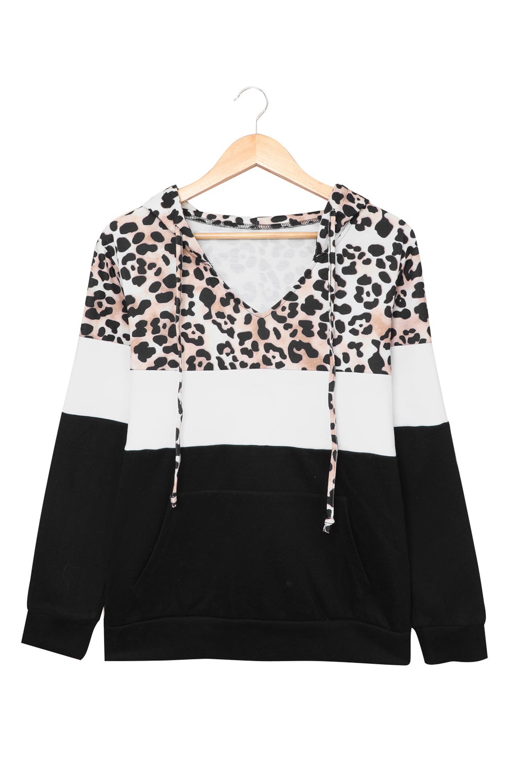 Black Leopard Splicing Kangaroo Pocket Drawstring Hoodie featuring camouflage and leopard print design with a wide neckline and kangaroo pocket.